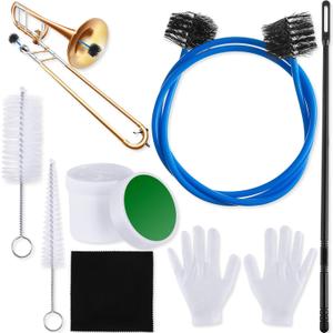 7 Pieces Trombone Care Cleaning Kit Maintenance Kit Flexible Brush Slide Grease Mouthpiece Brush Valve Cleaning Cloth Casing Rod White Gloves for Instruments