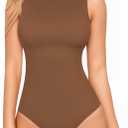 MANGOPOP Women's Mock Turtle Neck Sleeveless Tank Tops Bodysuit Leotard Clothing (Brown, M)