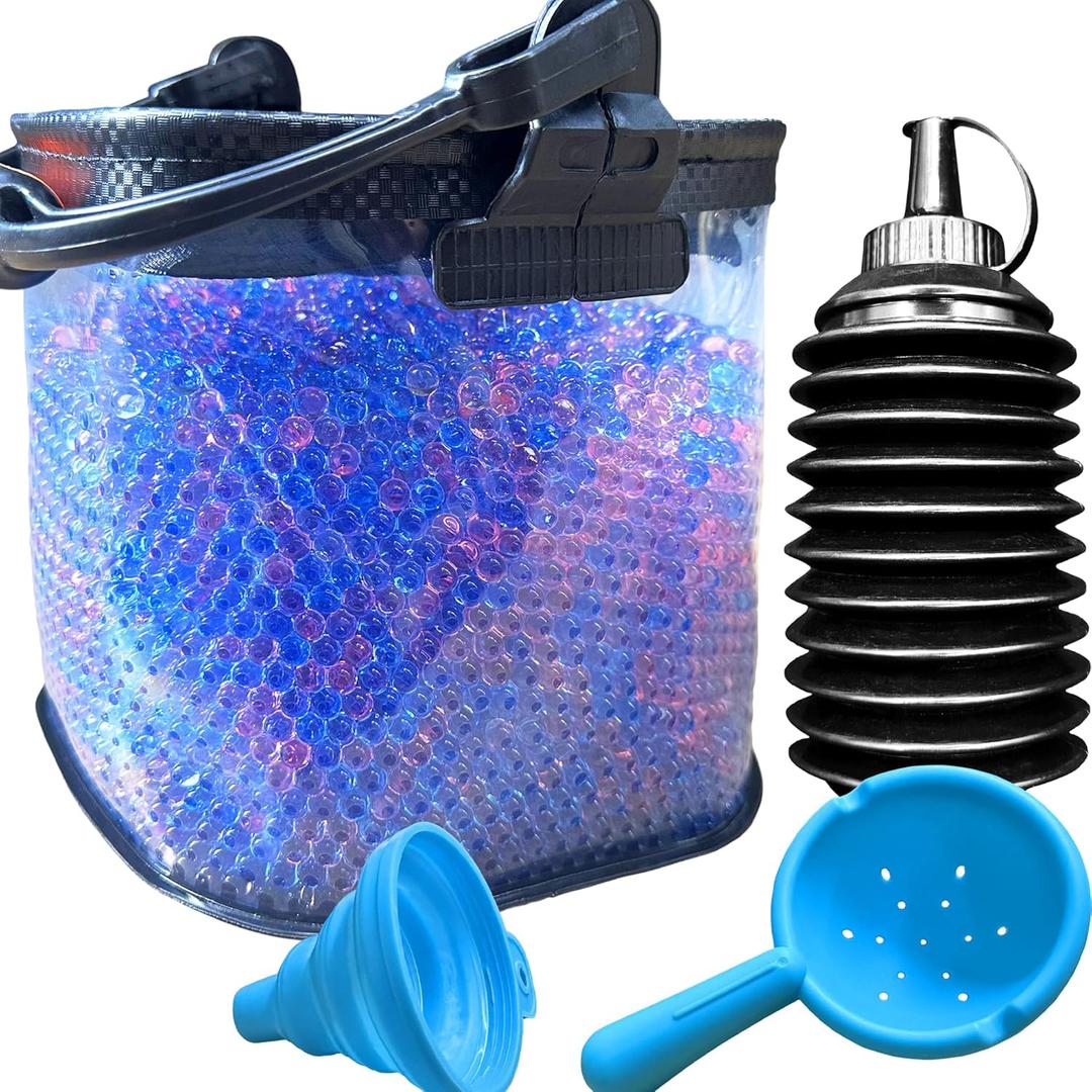 Foldable Gel Water Blasters Ammo Bucket with Balls Subpackage Bottle, Portable SplatterGun Accessories, Gel Gun Ammo Container with a Ball Funnel & Spoon, Large Capacity Tub for Ages 14+