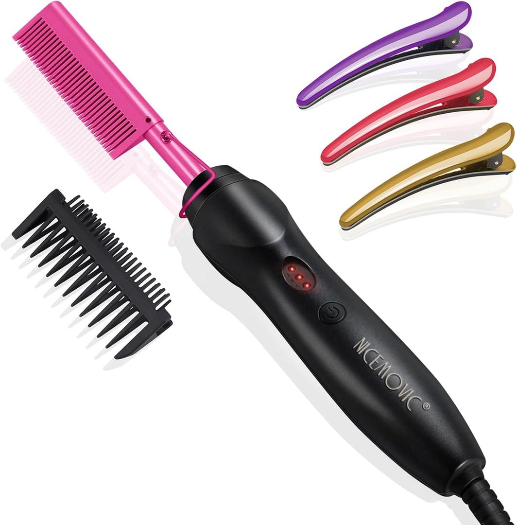 NICEMOVIC Ceramic Heating Hair Straightener Comb - Hot Pressing Brush for Natural Black Hair, Beard Wigs, and Curling (Pink)