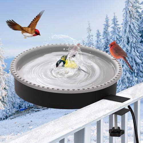 Yiabivo 2 in 1 Heated Bird Bath for Outdoors for Winter,100W Bird Bath Heater with Thermostatically Controlled，Heated Bird Bath for Deck Railing for All Seasons Outdoor Garden Yard Patio Lawn(Grey)