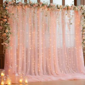 10x10ft Peach Tulle Backdrop Curtain with Lights String for Parites, Sheer Backdrop Curtains for Wedding Baby Shower Birthday Party Photo Shoot Decorations (10ft x 10ft(2 Panels 5*10ft))