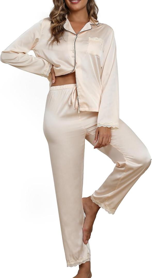 Silk Satin Pajama Sets Women 2 Piece Long Sleeve Sleepwear Soft Button-Down Top with Lace Trim Loungewear Pjs Lounge (Beige, XXL)