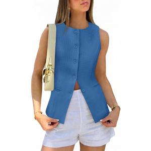 Tankaneo Womens Tweed Sleeveless Vest Crew Neck Button Down Fitted Blazer Vest Tops Work Casual Waistcoat (L)
