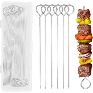 20 PCS 8 Inch Stainless Steel BBQ Kabob Skewers with Storage Box, PEOUWNES Metal Kebob Sticks Reusable Grilling Skewers for Turkey, Shrimp, Chicken, Fruit, Vegetable, Meat, Beef