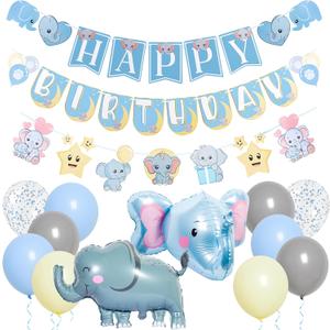 Pirese Elephant Birthday Banner Kit, Baby Elephant Party Decorations with Balloons, Cute First Birthday Decor for Boys or Girls, Jungle Safari Baby Shower Supplies