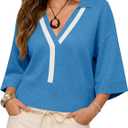 Saodimallsu Womens Short Sleeve Sweater Tops V Neck Collared Oversized Color Block Casual Summer Knit Polo Shirts (Blue, M)