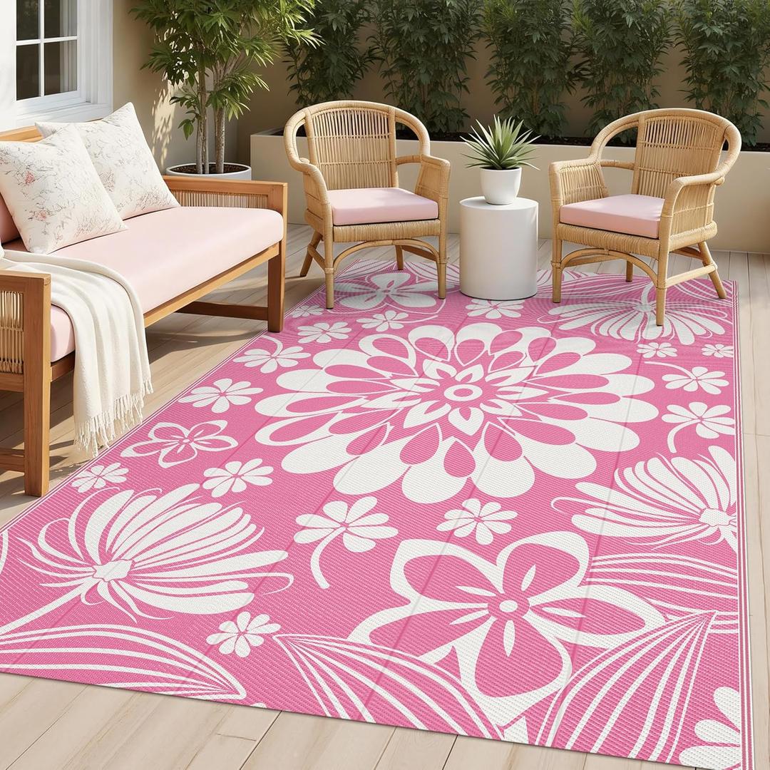 Ileading Outdoor Plastic Straw Rug 5x8ft Funny Floral Style Reversible Patio Area Rugs Waterproof Non Shedding Portable Carpets for Rv Outside Deck Pool Beach Picnic Camping (Pink)
