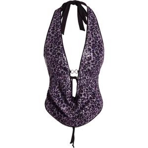 Verdusa Women's Cheetah Print Sequin Top Y2K Tie Back Corset Halter Going Out Crop Tops Sequin, Purple, Small