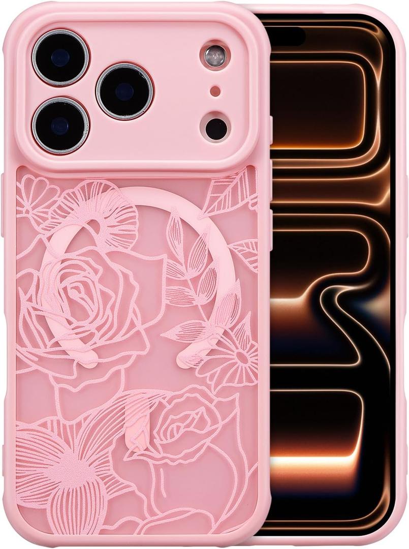 XIZYO Magnetic Case for iPhone 17 Pro Max Floral Rose Cute Phone Case [Compatible with Magsafe] for Women Girls Aesthetic Pattern Slim TPU Shockproof Bumper Cover, Pink