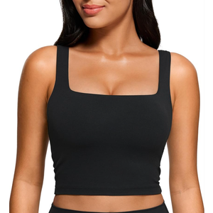 CRZ YOGA Butterluxe Womens Square Neck Longline Sports Bra - Workout Crop Tank Tops Padded Yoga Camisole with Built in Pads, Medium