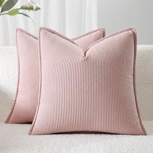 Corduroy Throw Pillow Covers 18x18 Set of 2 Boho Decorative Pillow Covers for Couch, Sofa, Bed Soft Square Cushion Covers for Living Room Decor (No Insert) Light Pink