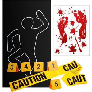 8 Pieces Crime Scene Decorations Including Body Silhouette Caution Barricade Tape Evidence Markers and Bloody Footprint Sticker Evidence Party Decorations for Halloween Home Wall