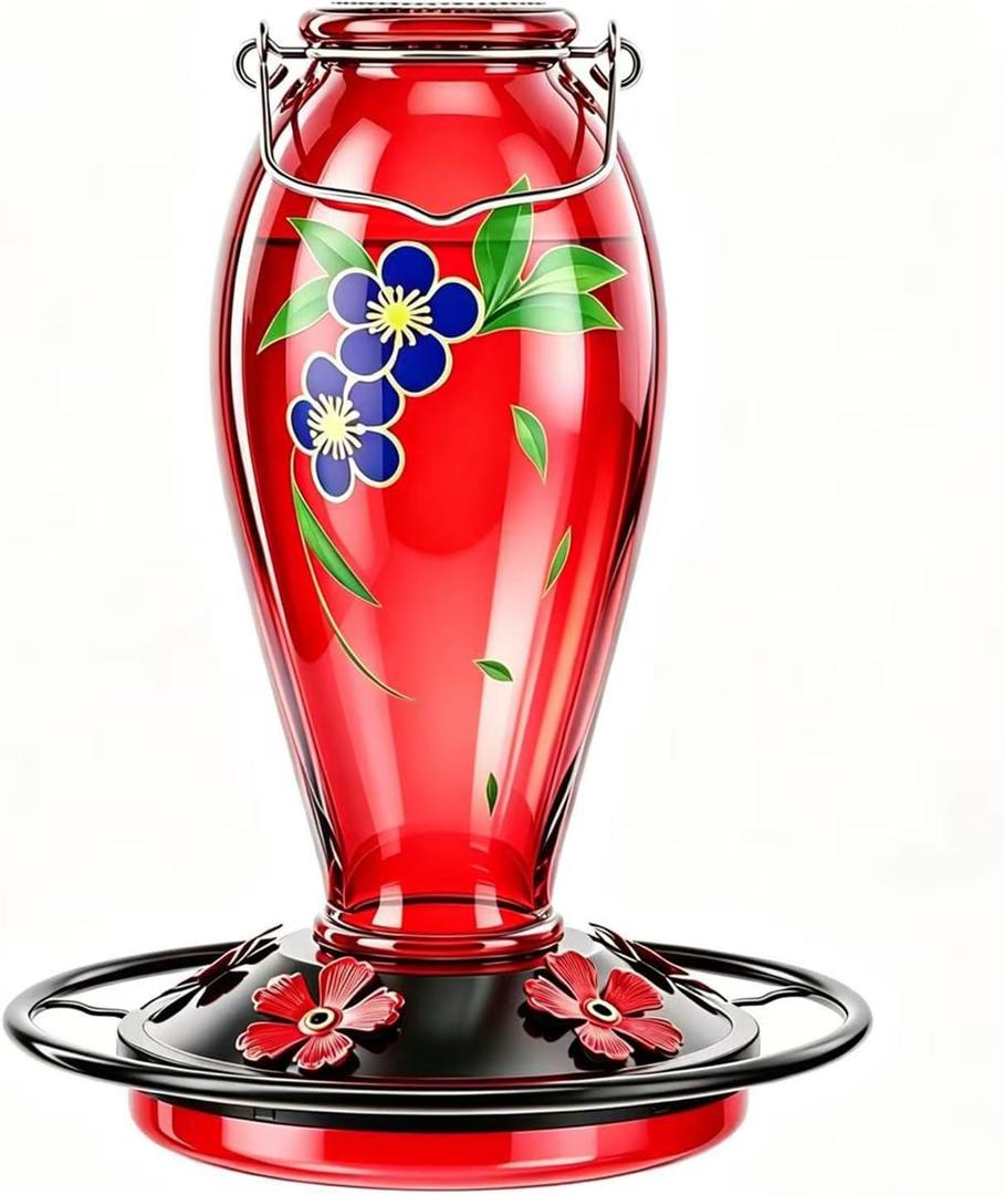 24 OZ Hummingbird Feeder for Outdoors Hanging, Heavy-Duty Thick Glass Humming Bird Feeder with Floral Decals, Leak-Resistant Metal Base with 5 Feeding Ports & Perch, Decorative Garden Deco(Red)
