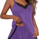 Ekouaer Pajama Sets for Women Lingerie Sleepwear 2 Piece Cami Split Short Set V Neck Lace Pjs (XX-Large, Purple)