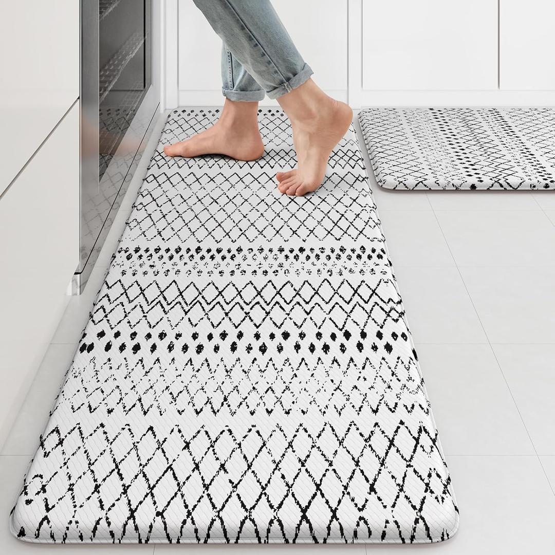 KIMODE Kitchen Mats 2PCS,Cushioned Anti Fatigue Kitchen Rugs and Mats,Non Skid Waterproof Kitchen Mats for Floor,Comfort Foam Standing Mat for Home, Office,Sink,Laundry,Desk,Black and White (17.3" x 47 "+ 17.3" x 29 "--0.47 inches)