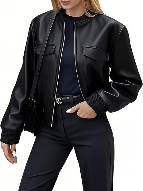Ommiivex Women Leather Jacket Faux Cropped Bomber Coat Cute Short for Casual Vacation Travel College Going Out Classy Outfit Size M