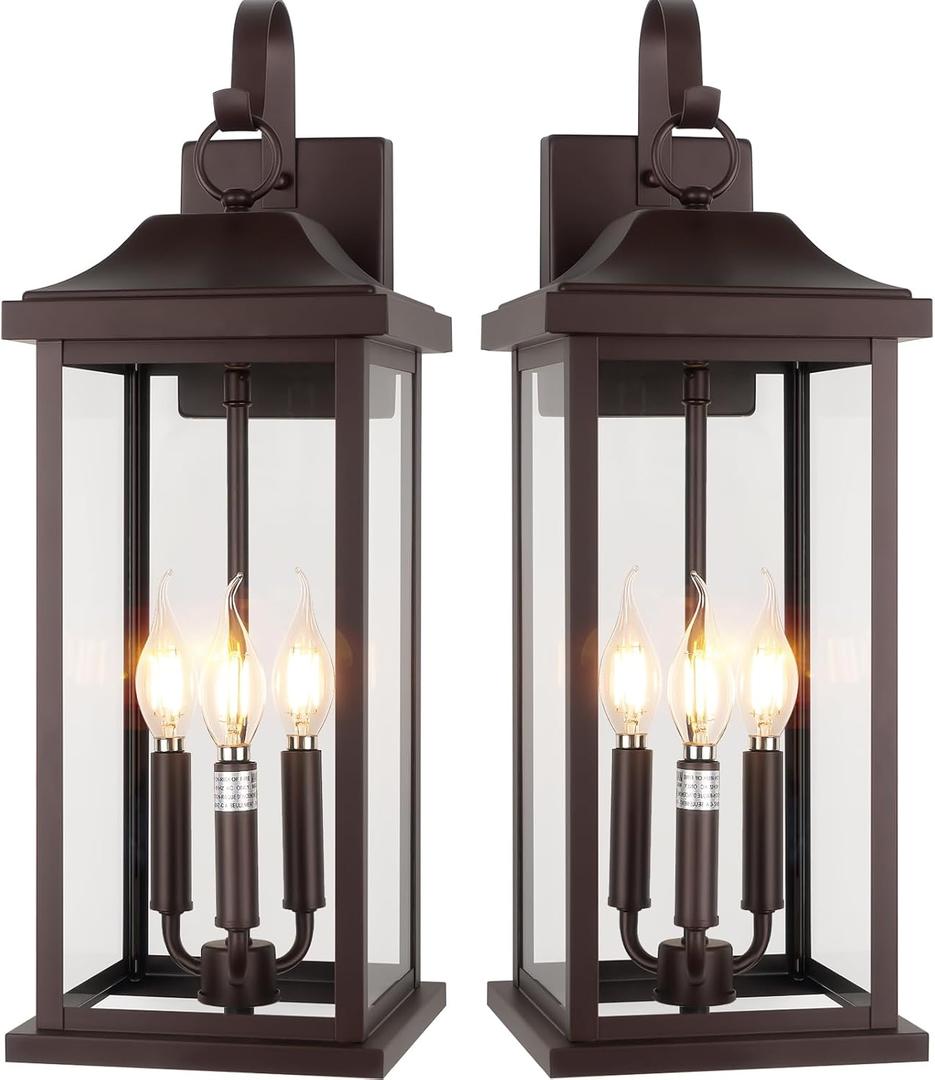 23 Extra Large 3-Light Oil Rubbed Bronze Outdoor Light Fixtures 2 Pack, IP65 Waterproof Vintage Outside Lights for House Brown Front Porch Light Lanterns Exterior Coach Lights, E12, 2-Pack/No Sensor