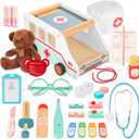 Wooden Doctor Kit for Kids, 37pcs Pretend Play Medical Kit with Ambulance Toy & Plush Bear, Imagination Doctor Role Play Set for Boys Girls Age 3 4 5 6 7