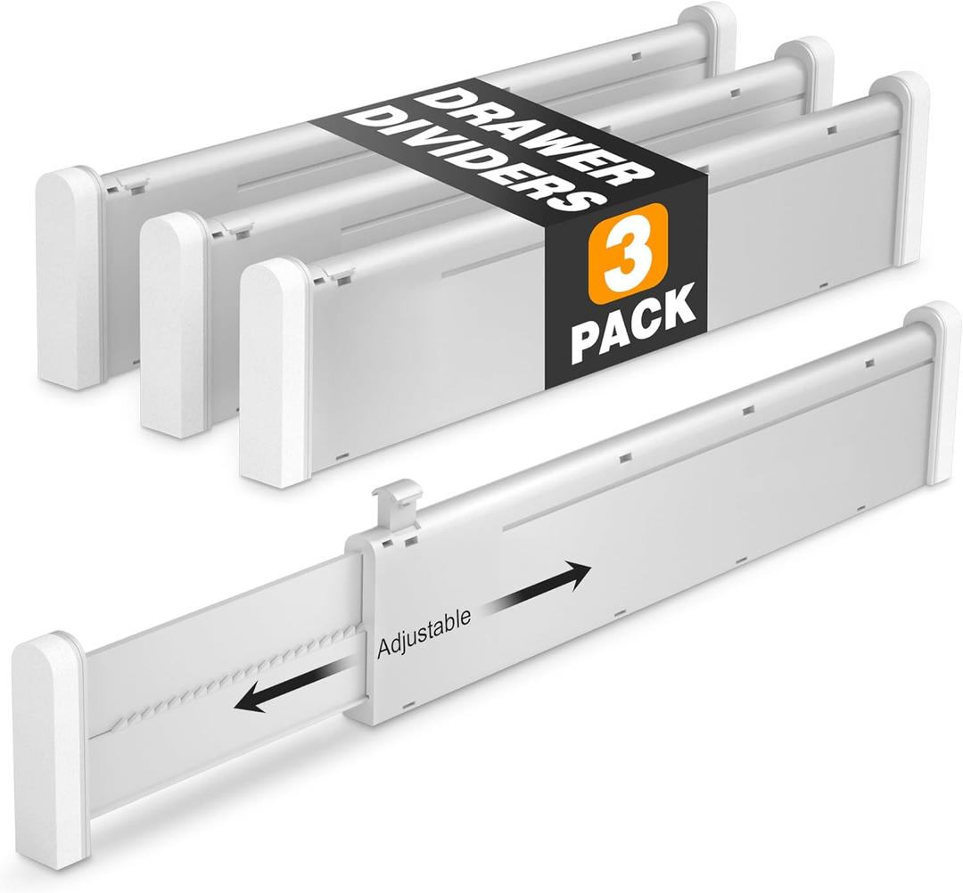 HiYZ Expandable Drawer Dividers - 12.6-22.8'' Adjustable Drawers Organizers for Kitchen Utensils, Drawer Separators in Bedroom, Dresser, Office, Bathroom, Fridge, 3 Pack Long Dividers-Gray