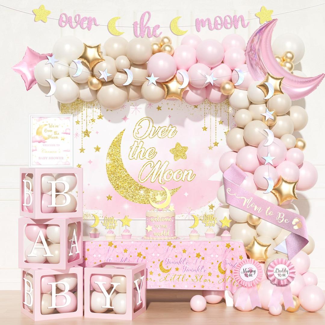 Party Inspo Over the Moon Baby Shower Decorations – 127 PCs Moon Themed Baby Shower Party Supplies with Backdrop, Balloon Garland, Cake Topper, Tablecloth, Sash, Poster, Banner (Pink,White)