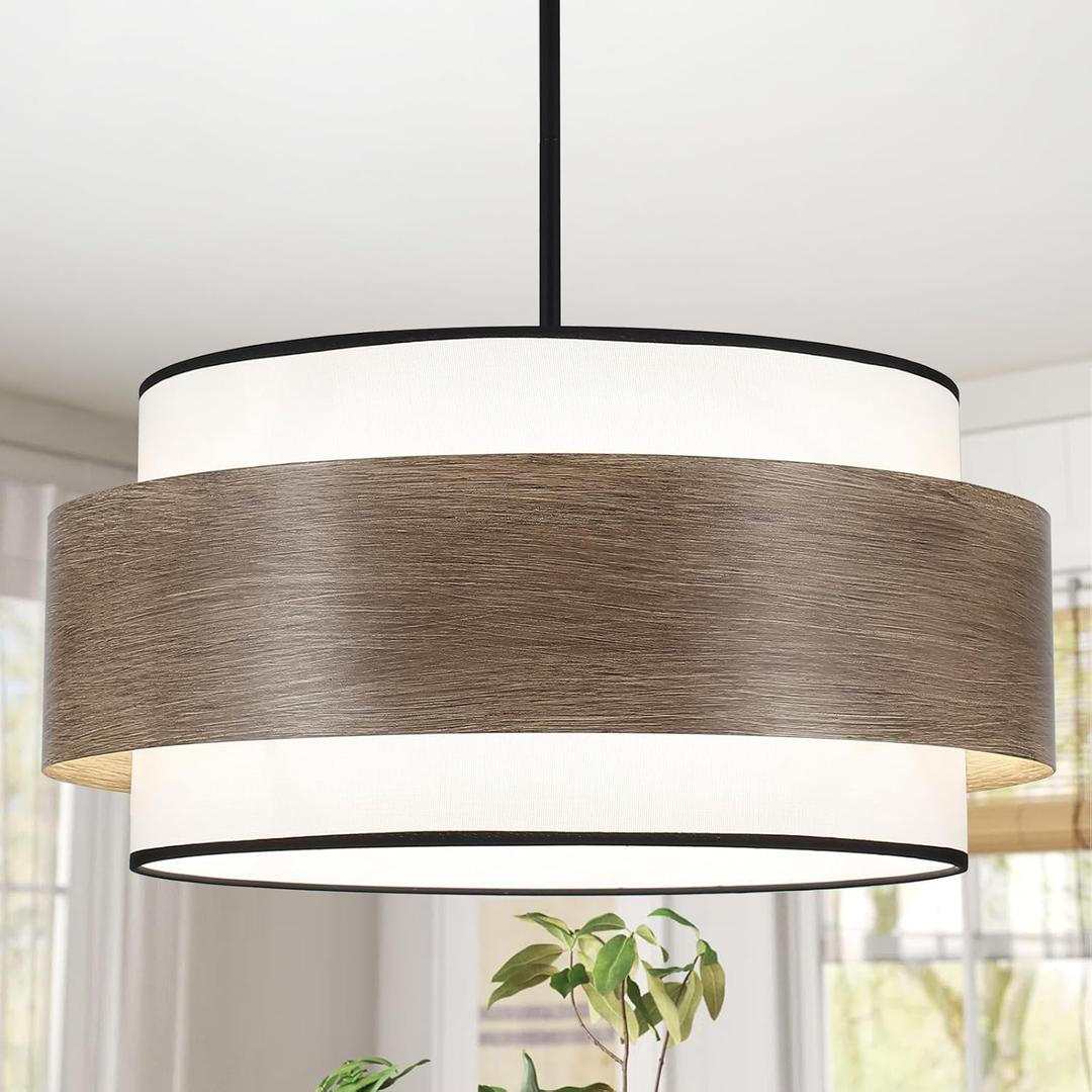 Luupyia 20 Inches Drum Chandelier with Metal and Fabric Shade, 5Lights Farmhouse Drum Pendant Light Large Rustic Fabric Chandelier, Height Adjustable Farmhouse Chandeliers for Bedroom Dining Room E26