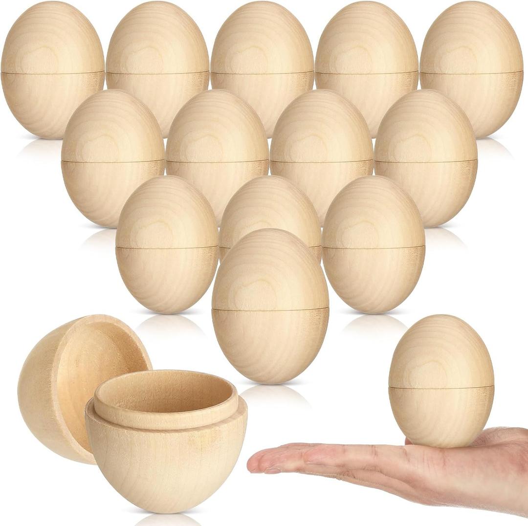 Halloscume 24 Pcs Easter Fillable Unfinished Wooden Eggs 2.36 Inch Wood Fake Easter Egg Hunt DIY Painting Art Craft Decorations Home Decor
