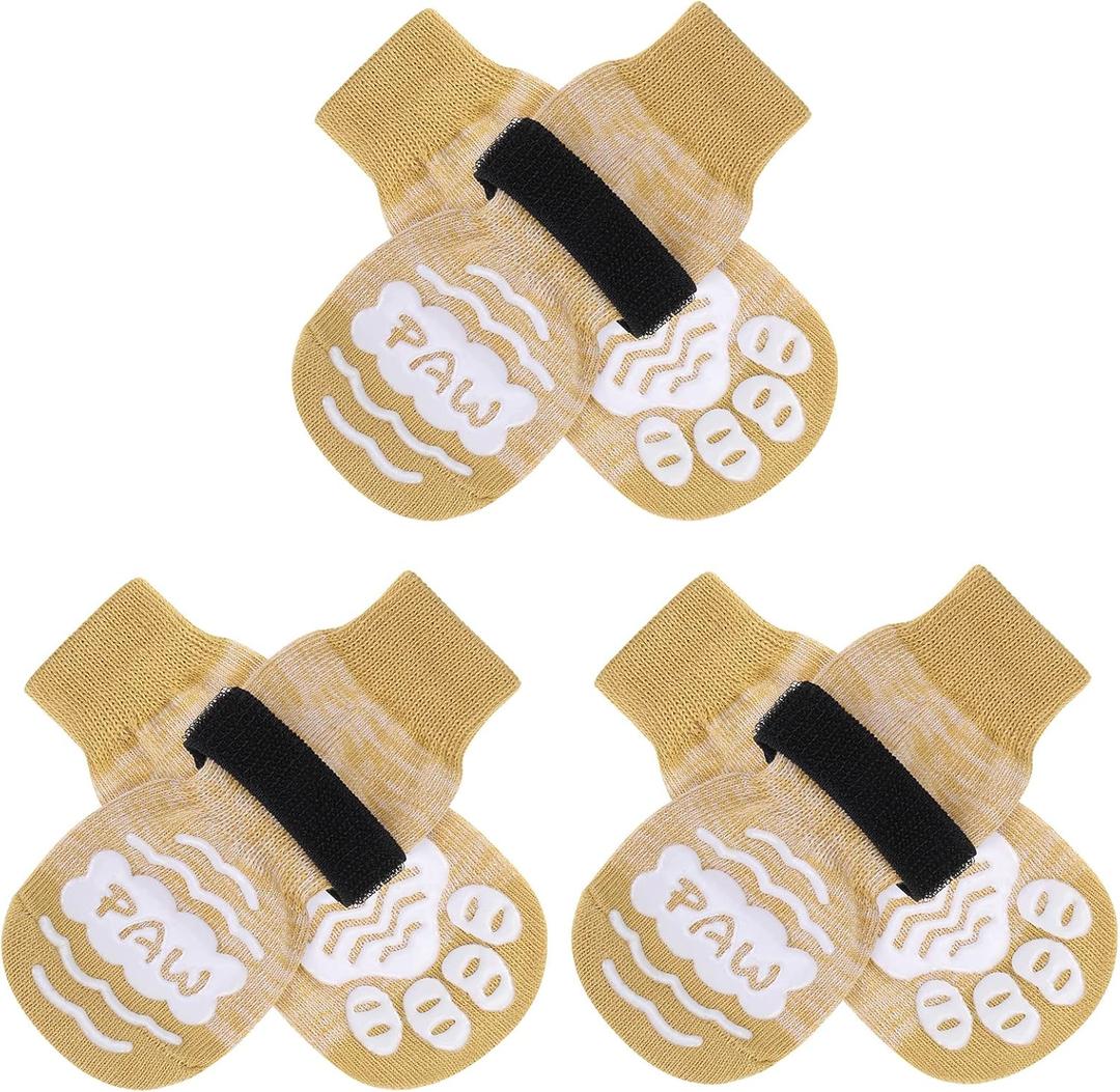 BEAUTYZOO Anti Slip Dog Socks for Small Medium Large Dogs with Grips Straps on Hardwood Floor Protection Wear, Traction Control 3 Pairs Double Side Paw Protector to Prevent Licking for Girl or Boy (S/M(Pack of 6), Light Khaki)