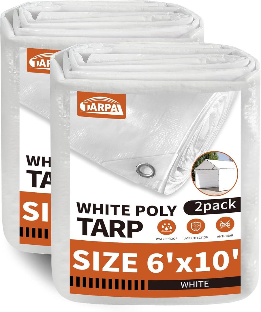 TARPAL Tarp 6'x 10' White Tarp Waterproof 7.5 mil(2-Pack) Medium Duty All Purpose Poly Tarps Cover Waterproof,Snow Proof UV Protection,Rip and Tear Proof,Poly Tarpaulin