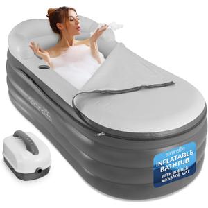SereneLife Inflatable Bathtub with Bubble Massage Mat, Non-Slip, Backrest Support, Includes Pillow, Cup Holder, Remote Control, Easy Storage, PVC Material, Supporting Up To 345 lbs., 66"x30"x26 (Gray)