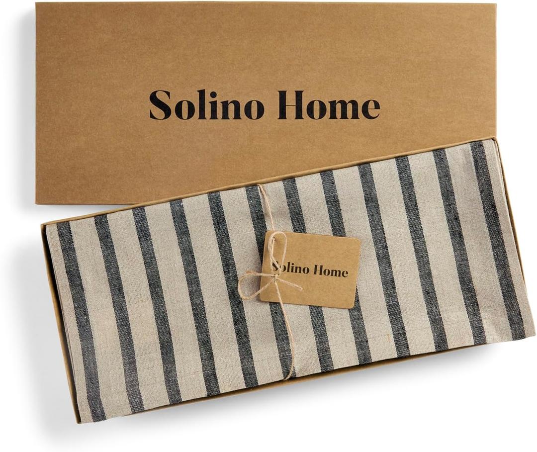 Solino Home Table Runner 120 Inches Long - Cabana Stripe, 100% Pure Linen Natural and White Table Runner 14 x 120 Inch for Dining, Spring, Summer