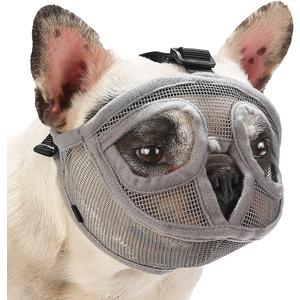 BARKLESS Short Snout Dog Muzzle, Breathable Mesh Flat Faced Muzzle for French Bulldog Shih Tzu and Pug, Mask Bulldog Mouth Cover for Biting Chewing Licking (Grey, XXS) (XXS (Head 8.5-12.5''))