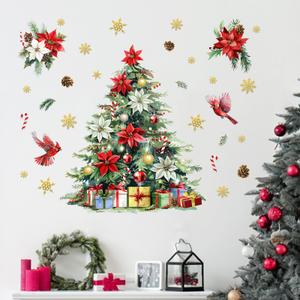 Mfault Christmas Tree Cardinal Wall Decals Stickers, Xmas Gifts Red Birds Poinsettia Snowflake Decorations Bedroom Art, Winter Holiday Pine Cone Needle Candy Cane Home Kitchen Decor
