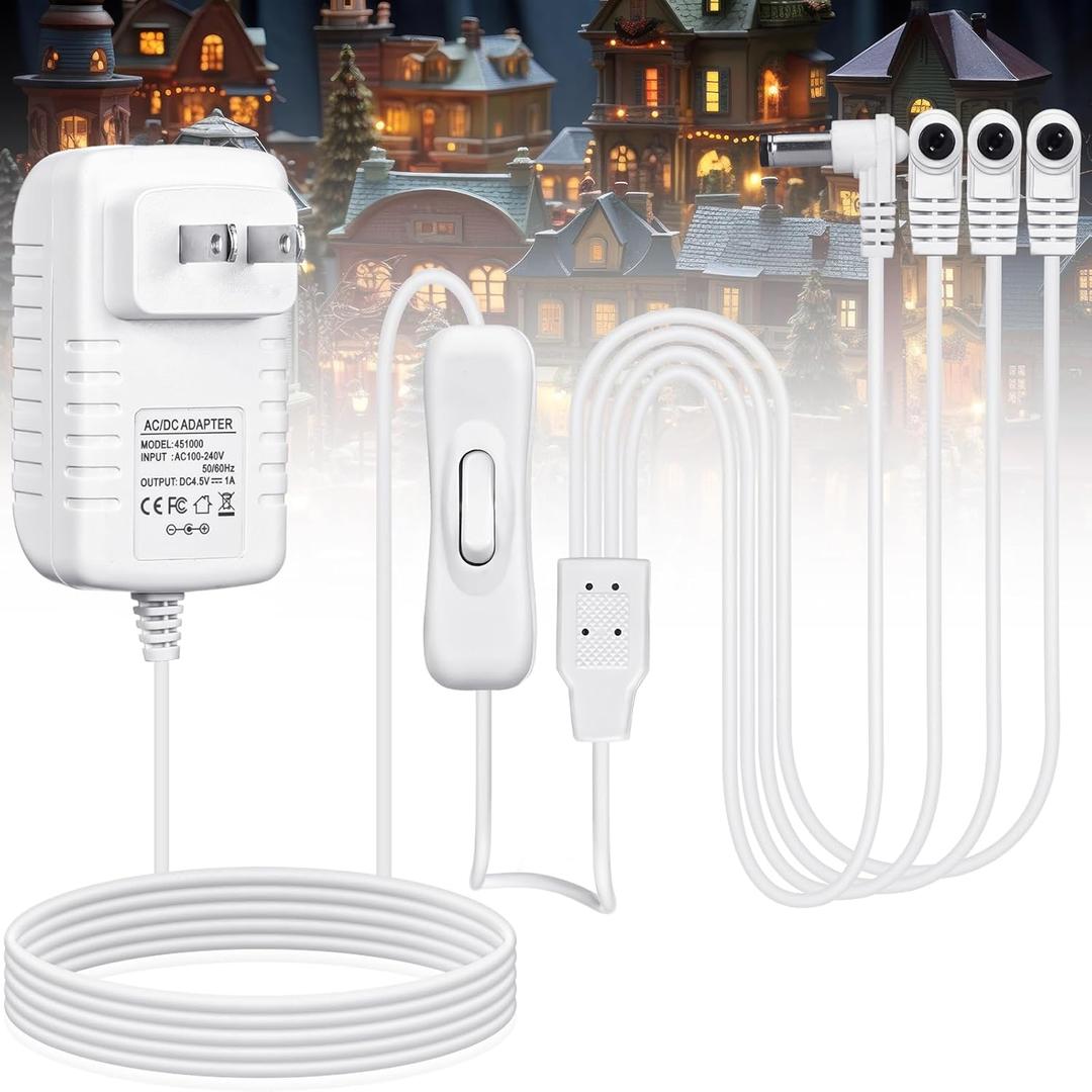 4 Output Heads White Power Adapter with Switch AC/DC 4.5V Adapter Compatible with Lemax Lighted Accessory 94566 94563 94564 94565 74227 74706 Christmas Micro Lighting Building Decoration