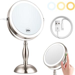 20x Magnifying Mirror with Light, 3 Color Modes and Adjustable Brightness with Lighted Makeup Mirror, Side Charging Port & SideTouch Sensor, 360 Rotation Double Sided Brushed Nickel