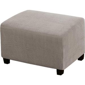 Stretch Ottoman Cover Ottoman Slipcovers Rectangle for Living Room Foot Stool Stretch Covers to Fit Ottoman Foot Rest, Thick Checked Jacquard Fabric with Elastic Bottom (Standard Size, Taupe) (Large)