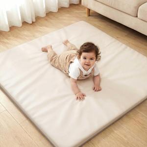 Joypony Baby Play Mat for Floor 47x47, 1.5 Thick Vegan Leather Crawling Mat with Removable Cover, Waterproof Playpen Mat for Infants and Toddlers, Wipe-Clean Kids Playmat, Cream (4747 in)