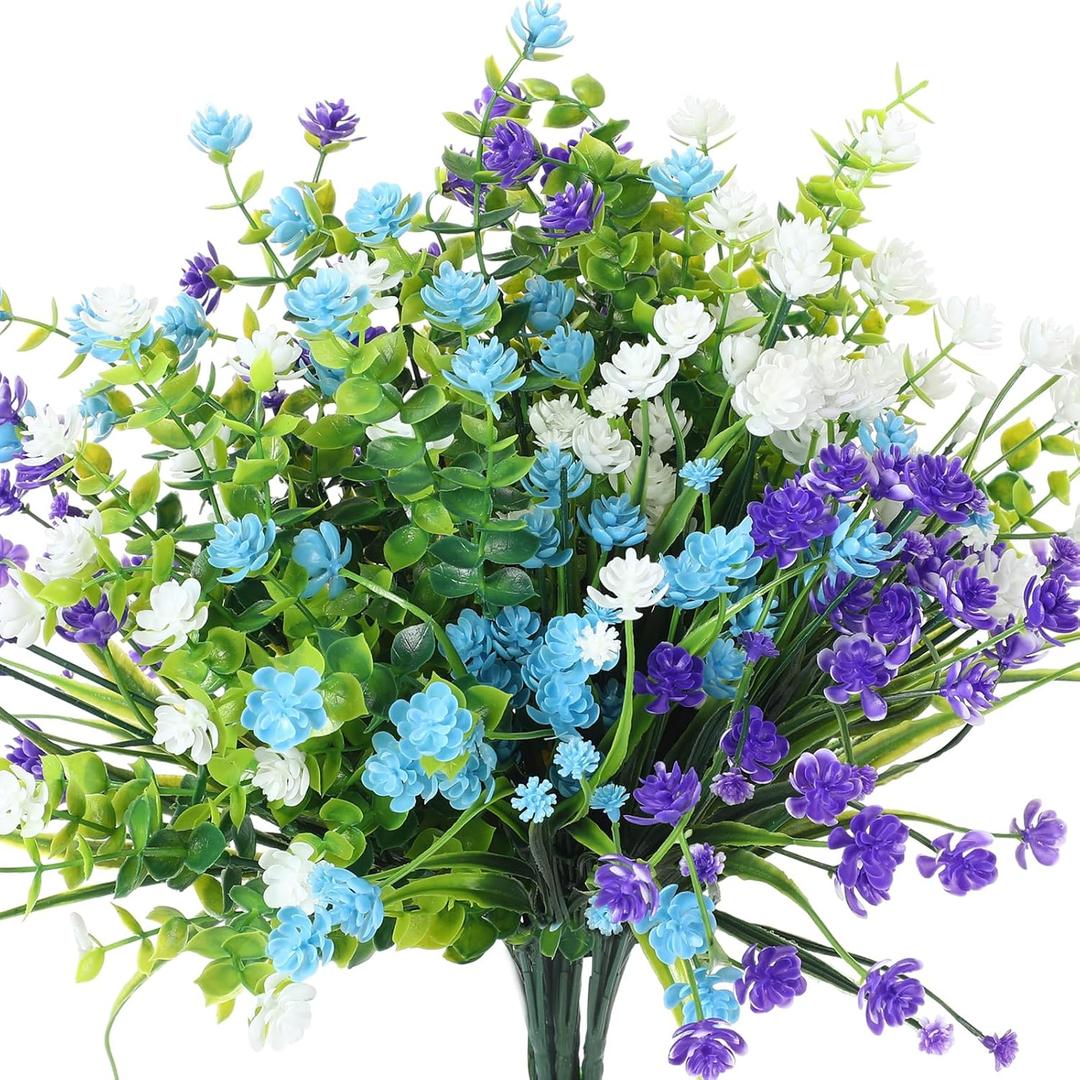 WILLBOND 12 Bundles Artificial Flowers Outdoor, UV Resistant Faux Artificial Plants Shrubs Plastic Flower Bulk for Hanging Planter Porch Window Home Spring Summer Decor(Blue, Purple, White)