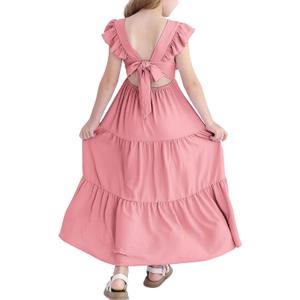 Girls Summer Dresses Tween Tie Back Ruffle Sleeve Kids Swing Flowy Casual Beach Maxi Dress, 7-8Y