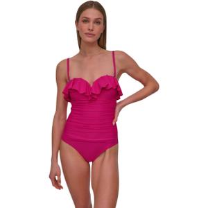 DKNY Womens Pin-up Ruffle Bandeau One Piece Swimsuit with Tummy Control (Purple, S)
