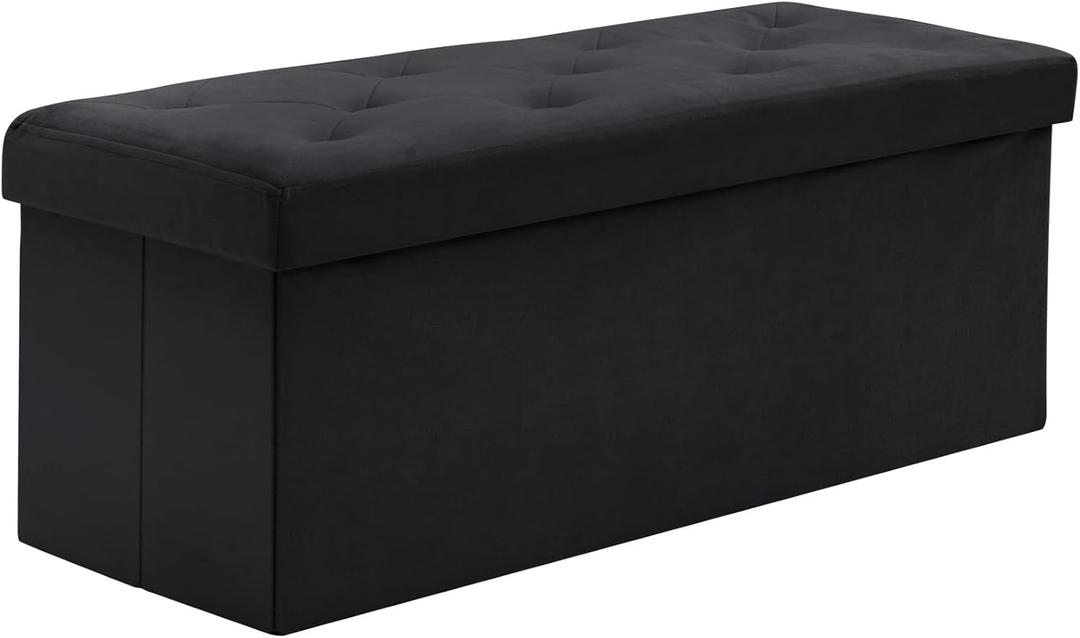 BRIAN & DANY 43 Inches Folding Storage Ottoman Bench, Velvet Ottoman with Storage for Living Room, Long Shoes Bench,Flannelette Footrest Benches Seat (Black)