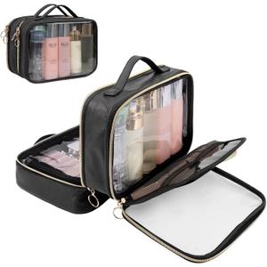 OCHEAL Makeup Bag, Double Layer Clear Make up Bag Organizer, Large Capacity Cosmetic Bag for Women Travel Beauty Essentials,Multiple Compartments Makeup Case Zipper Pouch -Clear