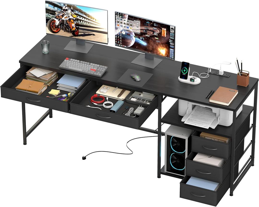 YOSHOOT 60" Computer Desk with 5 Fabric Drawers - Gaming Desk with Storage and Power Outlets, Home Office Desk for Adults and Teenagers Working Writing Study, Black (18.9"D x 59.06"W x 30.71"H)