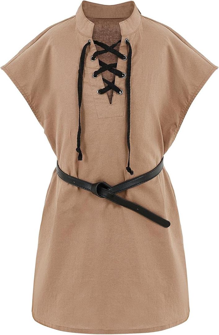 Boys Kids Renaissance Pirate T Shirts Viking Medieval Sleeveless Lace Up Costume Scottish Cotton Tank Tops (12-14 Years, Brown)