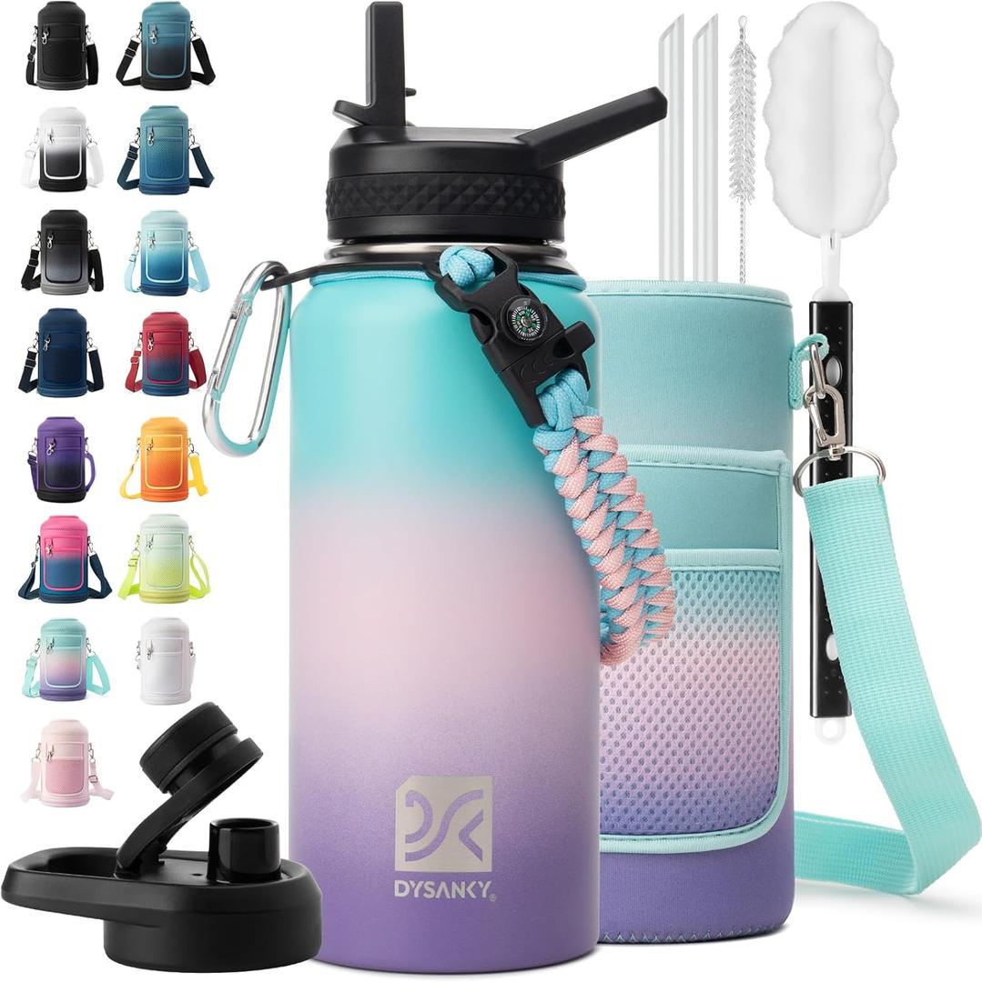 Insulated Water Bottle | Thickened Stainless Steel Vacuum Metal | Portable Sports Water Jug for Gym and Hiking with Straw, Carrier Bag, Handle Strap | BPA-Free 32 oz (Hydrangea)