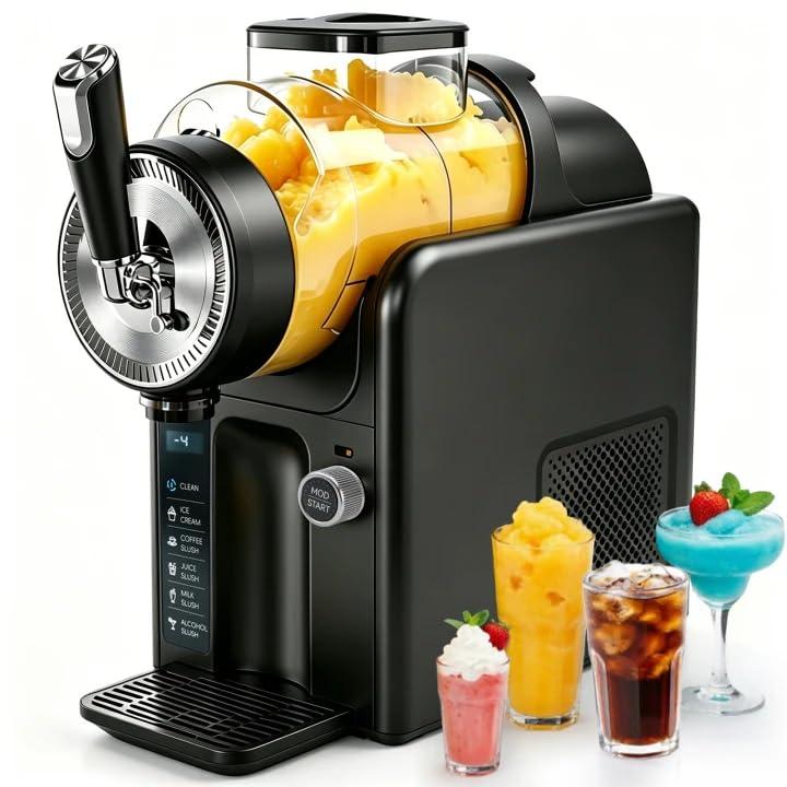 Slushie Machine for Home, No Ice Needed Slushy Machine & Frozen Drink Machine, 6 Presets, Real-Time Temp Display, Auto-Clean Slushy Maker Machine for Margaritas, Frappes, Milkshakes, Party Size（Black）