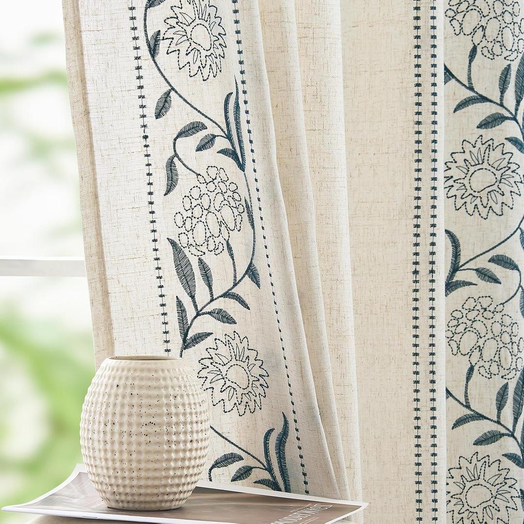 jinchan Winslow Linen Curtains for Bedroom 63 Inches Length Embroidered Bordered Floral Curtains for Living Room Farmhouse Decor Light Filtering Window Treatments Blue on Beige Drapes 2 Panels