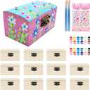 12 PCS Wooden Box,Treasure Chest with 12 Color Paints,12 PCS Unfinished Unpainted Wood Box with 2 Diy Adhesive Drilles, Small Wooden Box for Keepsake Boxes, Jewelry Box