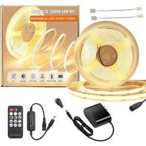 Dimmable Warm White Cob Led Strip Light Kit with RF Remote & UL 12V Power Supply 3000K CRI93+ No Dark Spots Tape Lights for Cabinet, Bedroom, DIY Craft, Wall Accent Lighting