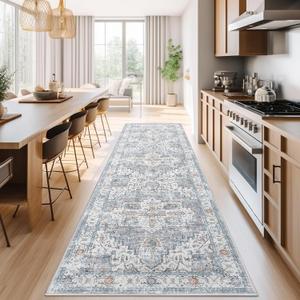 jinchan Runner Rug 3x7 for Hallway - Kitchen Machine Washable Vintage Floral Non-Slip with Rubber Backing Ultra-Thin Low-Pile Carpet Runner for Bedroom Laundry Room (3x7ft,Grey/Blue)